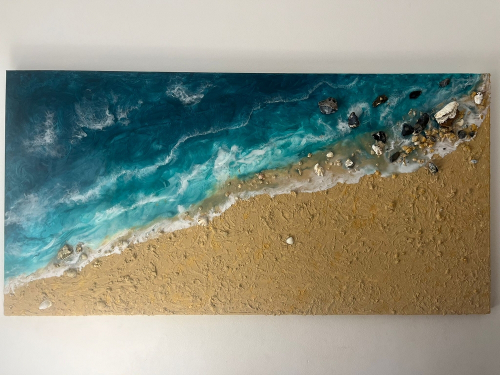 Large D Original Resin Artwork Realistic Ocean Beach Painting On Canvas