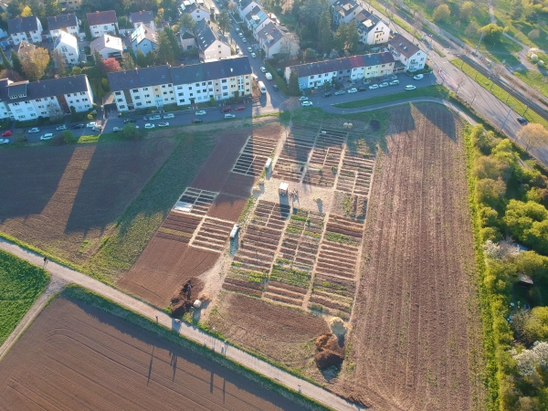 Gemeinschaftsacker in Mannheim-Feudenheim aus der Vogelperspektive