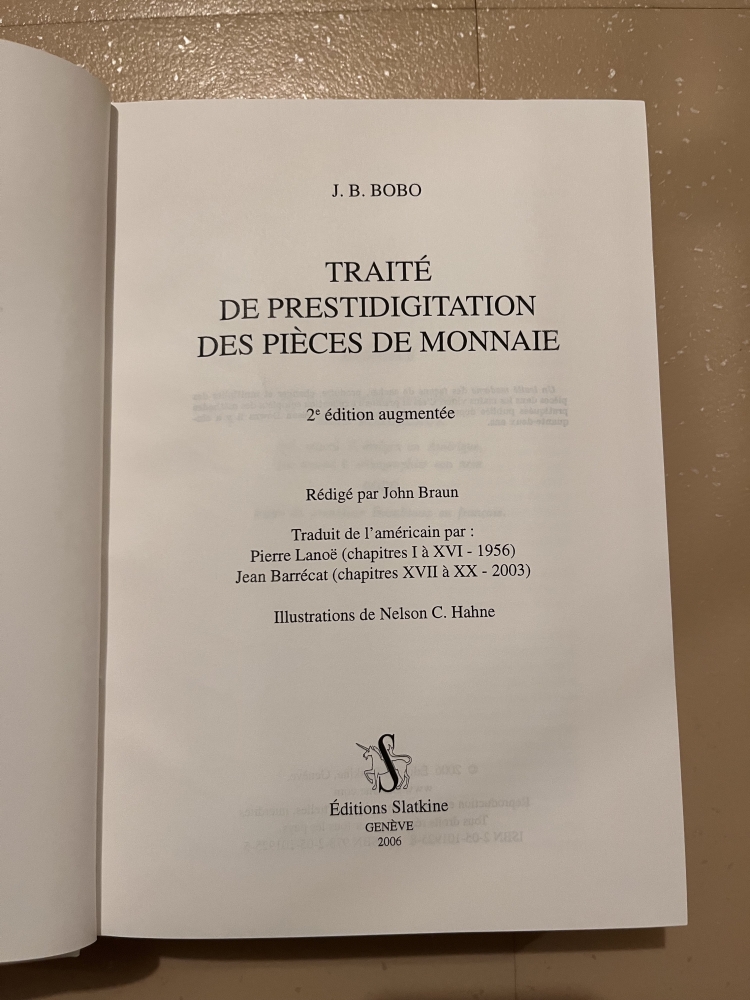 Traité de prestidigitation des pièces de monnaie, J.B Bobo, 2003, Editions Slatkine