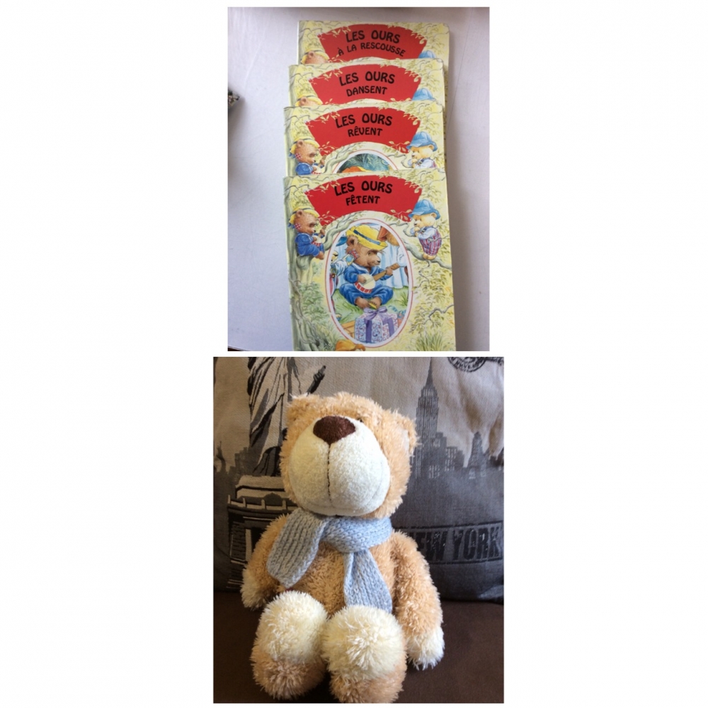 Lot de 4 livres en carton d’histoires d’ours  avec peluche nounours 