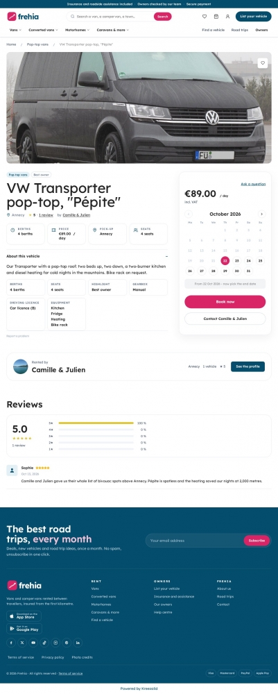 Frehia offer page with its booking calendar