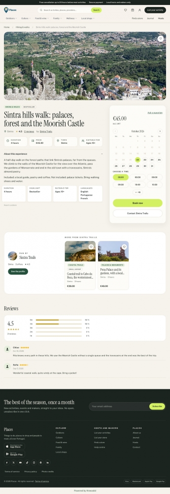Places activity page with its booking calendar