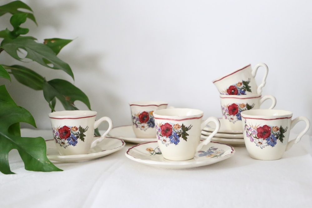 Ensemble De 6 Tasses Et Sous Tasses Sarreguemines Modèle Agreste Vintage Français 4273