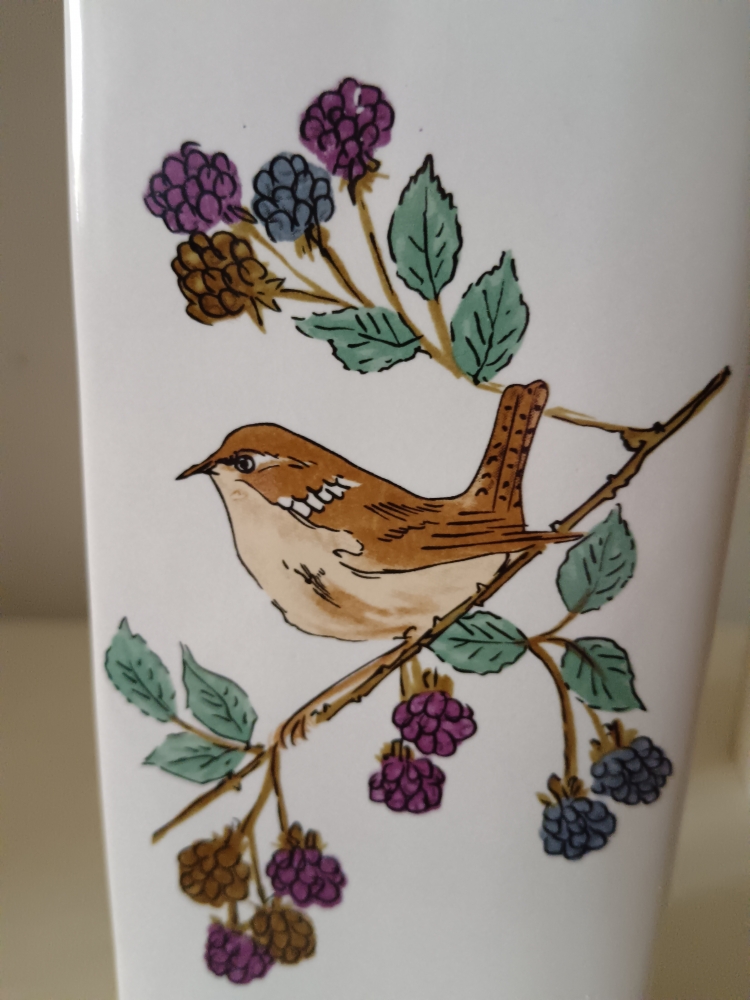 humidificateur vintage en céramique vernissée à décor d'oiseaux