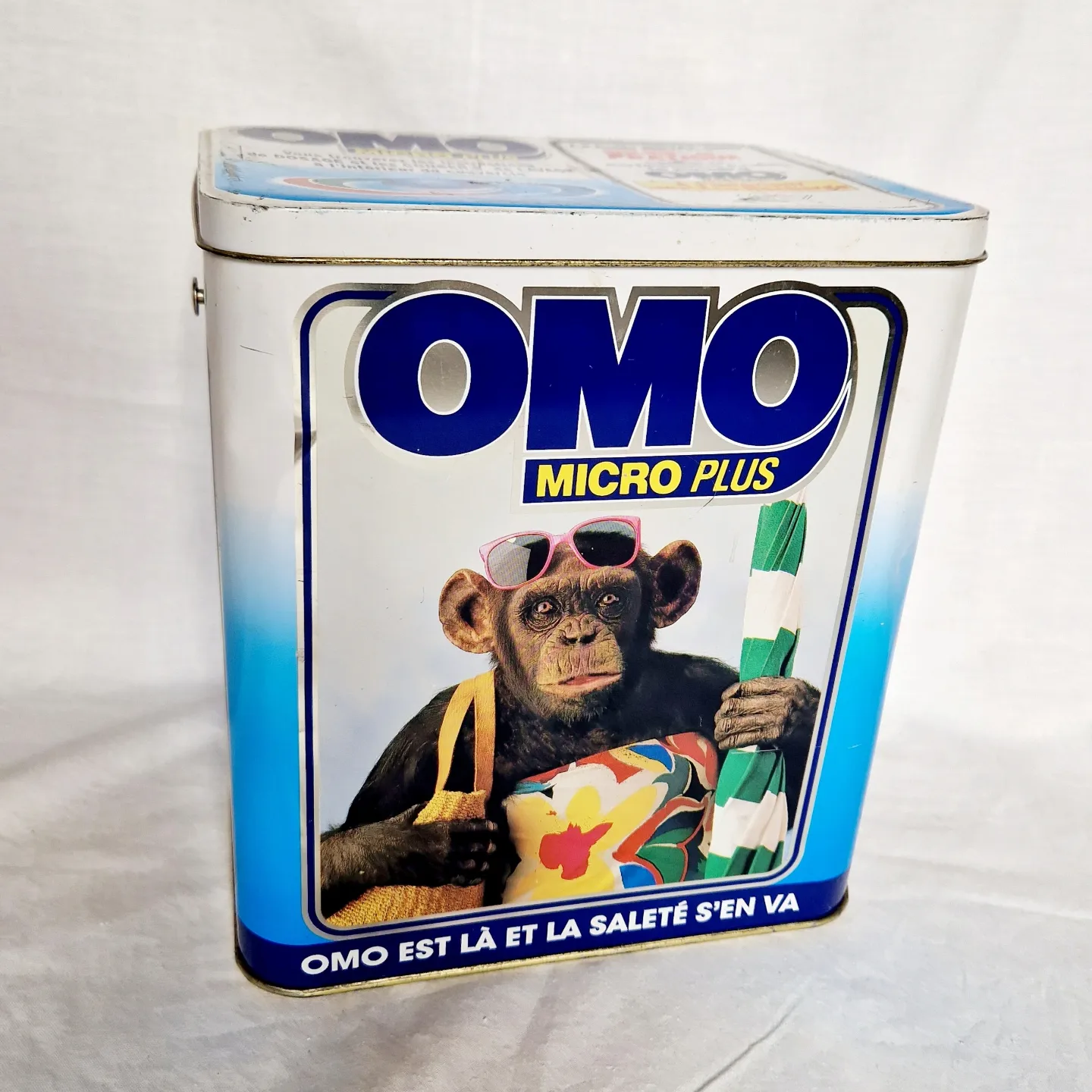 Boite métallique OMO micro plus, vintage publicitaire 