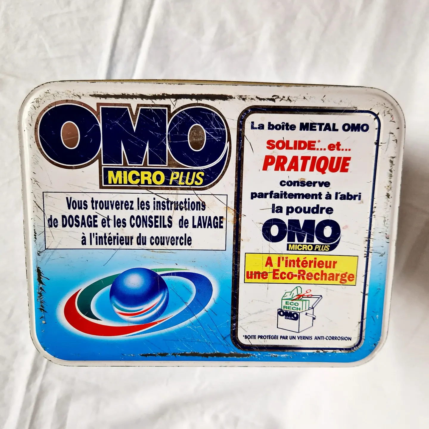 Boite métallique OMO micro plus, vintage publicitaire 