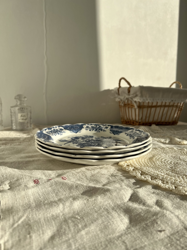 4 grandes assiettes plates anciennes faïence anglaise estampillées Staffordshire modèle Ridgway
