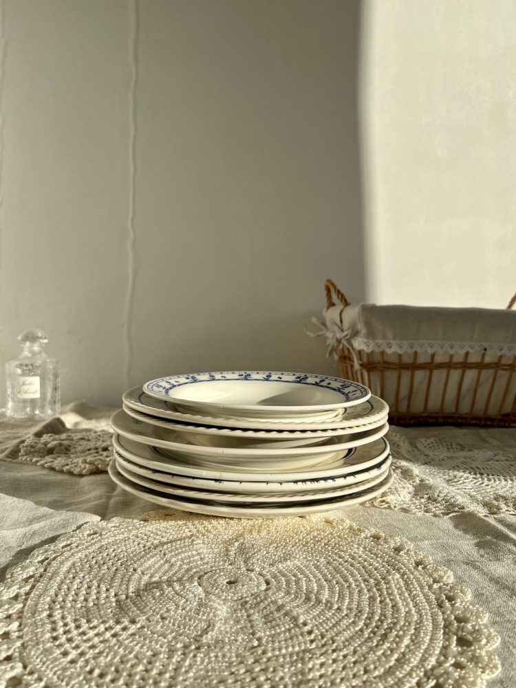  Service 8 pièces assiettes vintage dépareillées plates et creuses porcelaine bleue blanche -Lot L