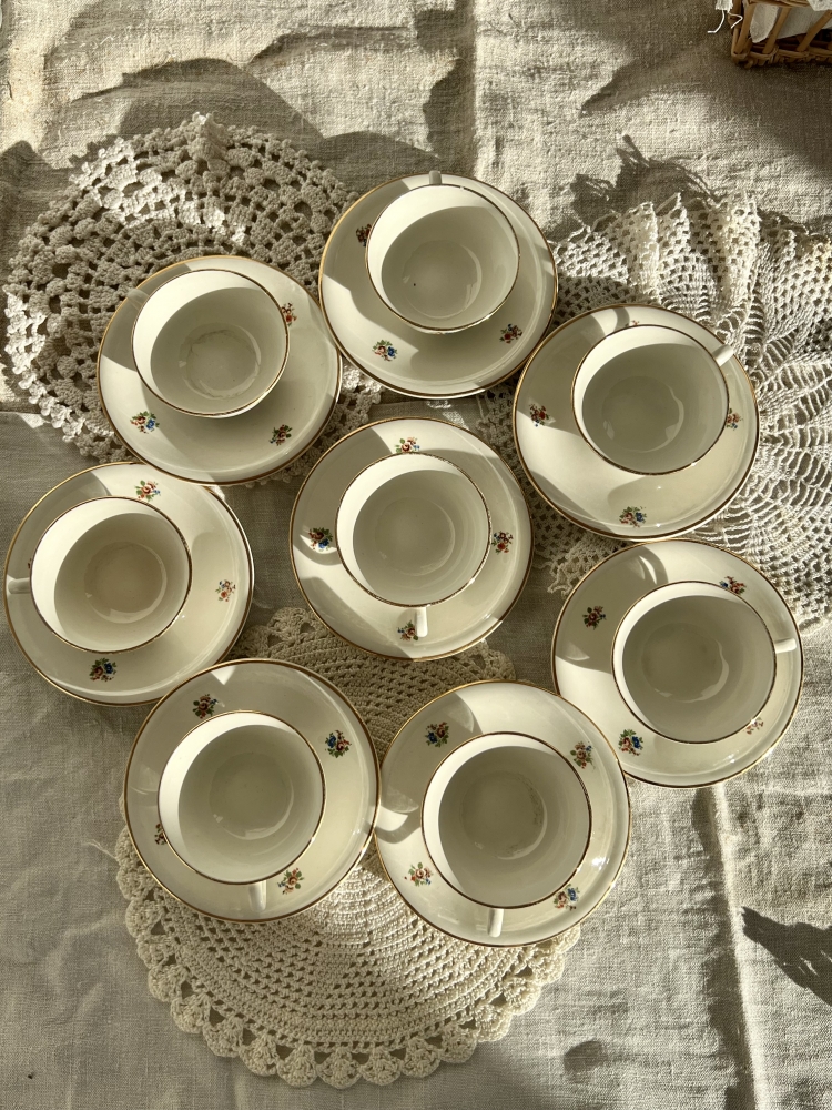 Service à thé / café vintage faience 8 pièces ivoire motif fleuri - Limoges - Cottage core