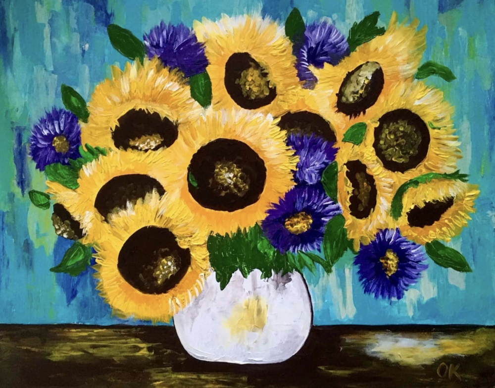 Sunflowers in a vase. Palette knife painting on canvas. 