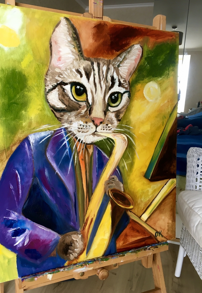  Cat  Saxophonist, musician, feline art. 