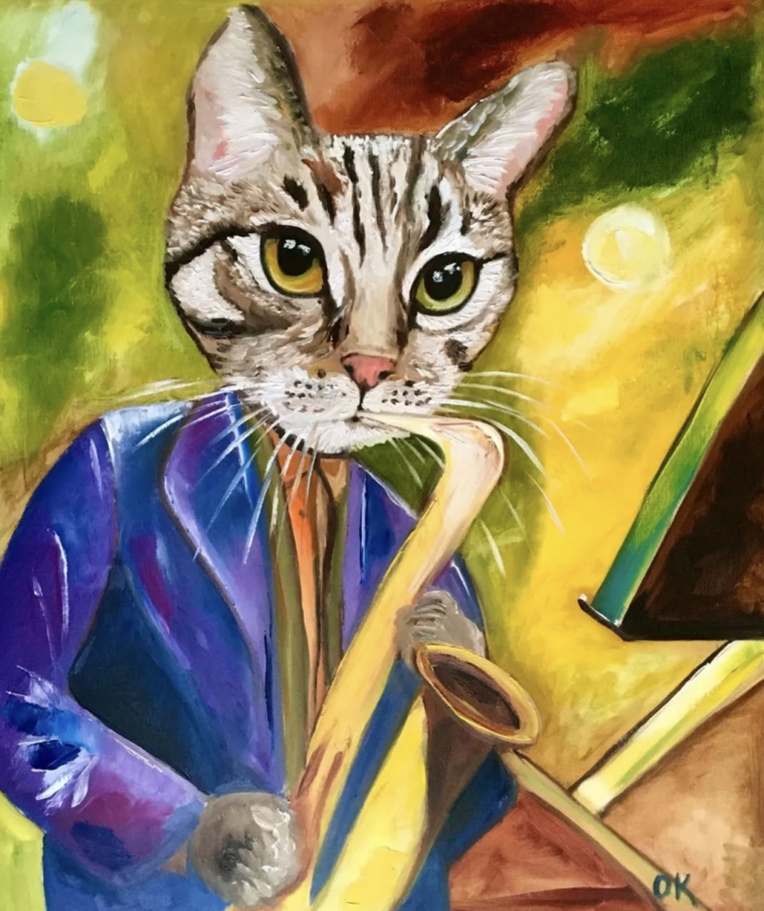  Cat  Saxophonist, musician, feline art. 