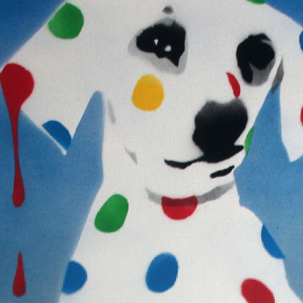 Damien's dotty, spotty, puppy dawg (blue on canvas) + FREE poem.