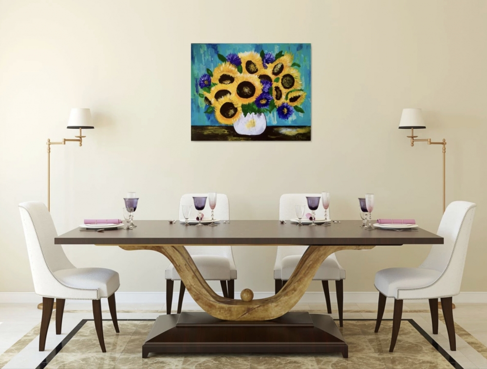 Sunflowers in a vase. Palette knife painting on canvas. 