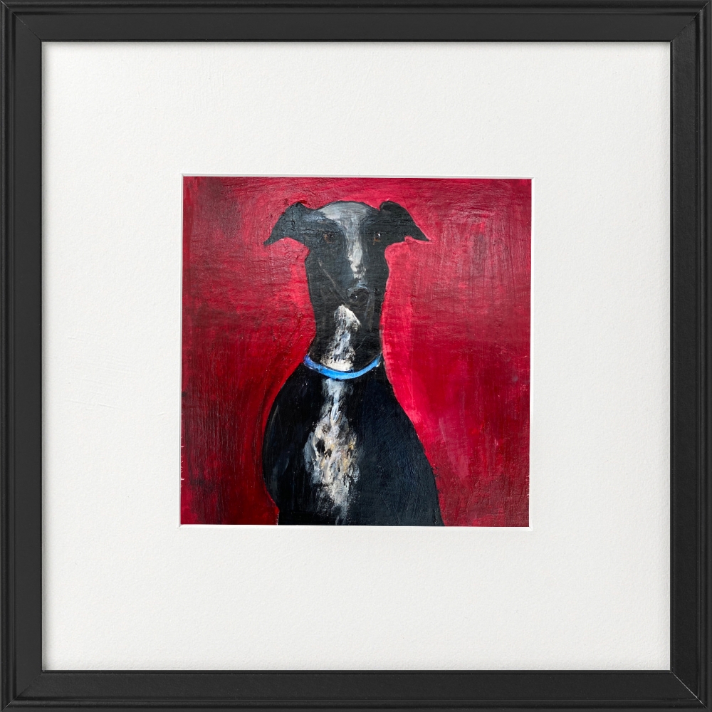 Posing Greyhound on Dark Red framed