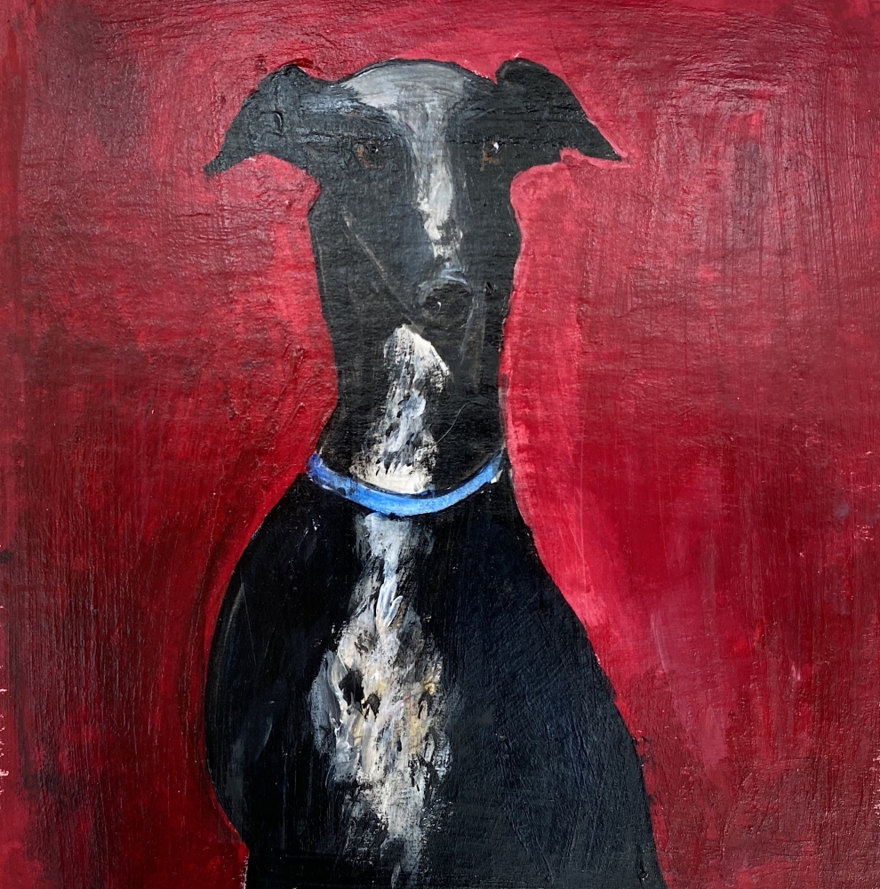 Posing Greyhound on Dark Red framed