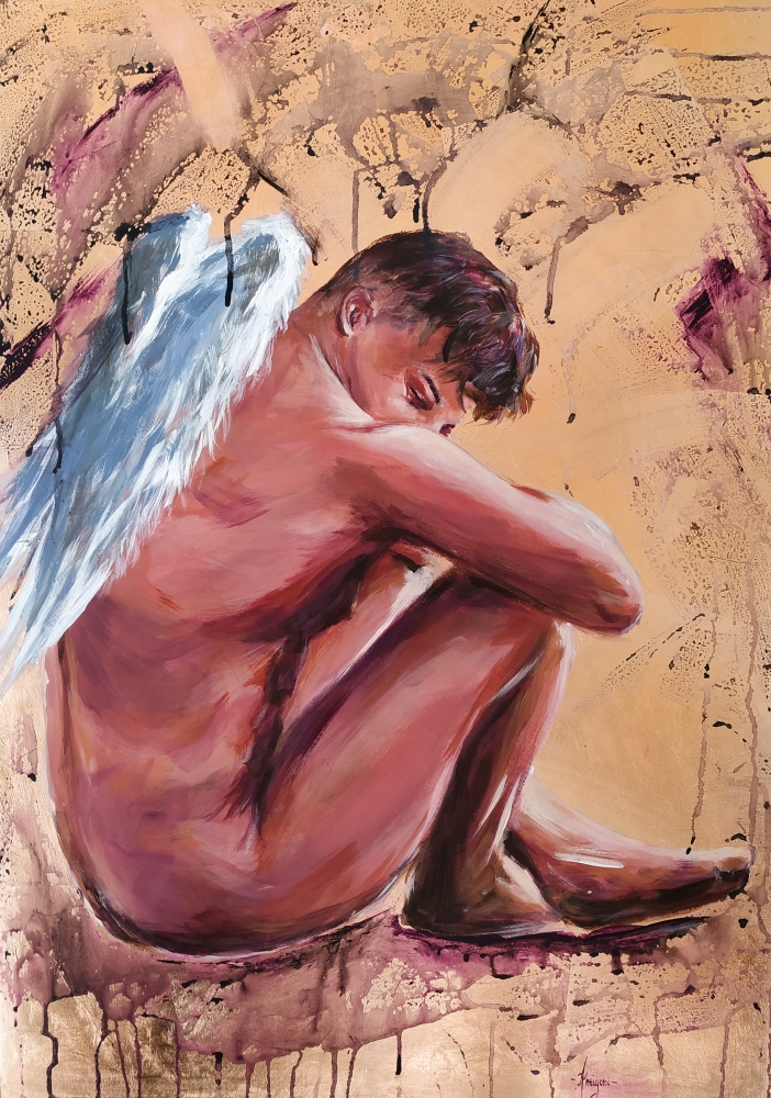 Internal Dialogue-Angel-Man Painting on Wood