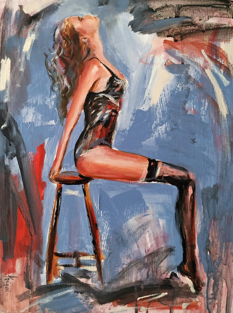 Personal Moment III -Woman Painting on Wood