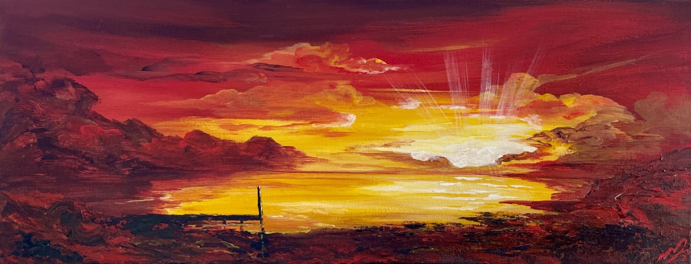 Red Sunset on a small Panoramic Canvas