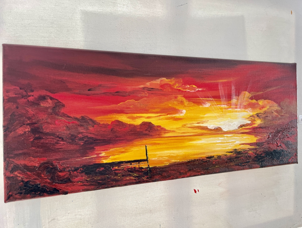 Red Sunset on a small Panoramic Canvas