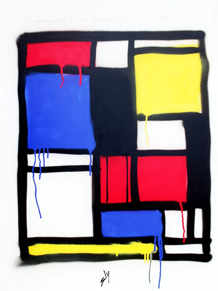 Other people's paintings only much cheaper: No. 3 Mondrian.  On canvas