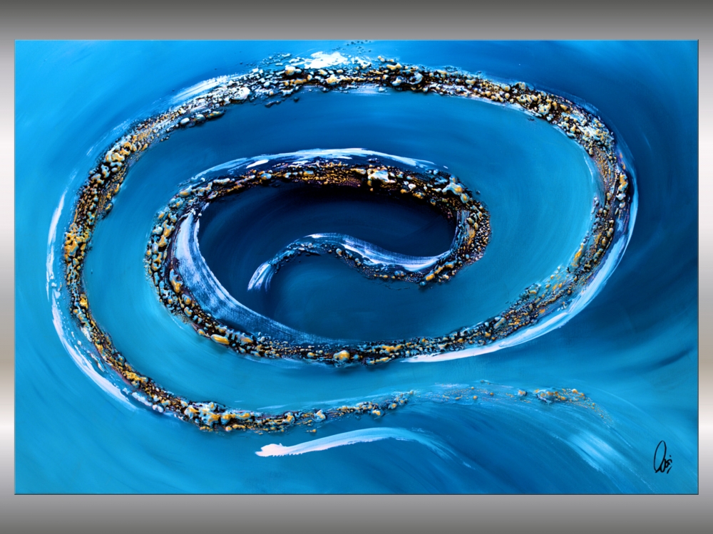 Golden Swirl - Blue abstract art on stretched canvas