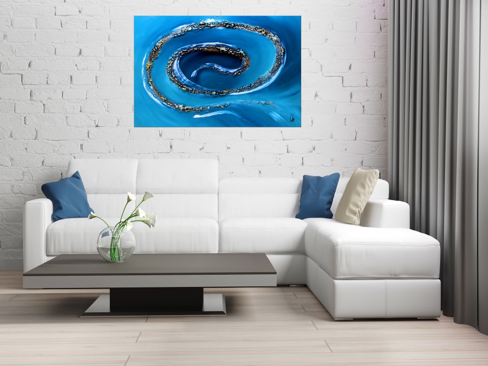 Golden Swirl - Blue abstract art on stretched canvas