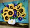 Sunflowers in a vase. Palette knife painting on canvas. 