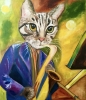  Cat  Saxophonist, musician, feline art. 