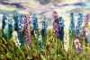 Floral art. Delphiniums in a park. Wild flowers.