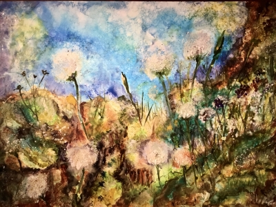 Dandelions fields fantasy mix media artwork on yupo paper 