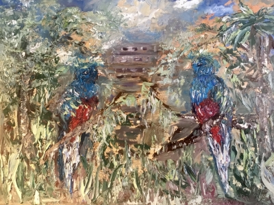 Quetzal birds with mayan pyramid on the background oil painting 