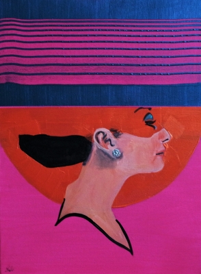 Lady in blue noir hat abstract portrait 571