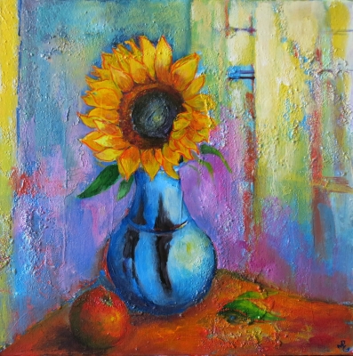 Sunflower and Blue Vase