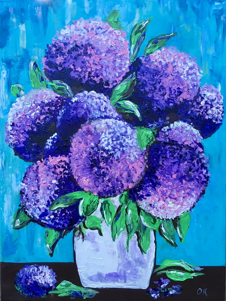 BOUQUET OF PURPLE HYDRANGEA ON TURQUOISE IN A WHITE VASE PALETTE KNIFE ORIGINAL ACRYLIC PAINTING 