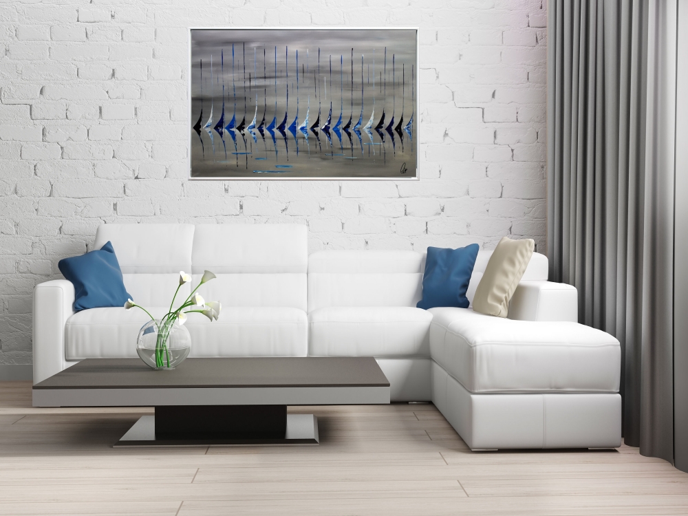 Blue Regatta- Abstract Sailboat Painting in Frame 