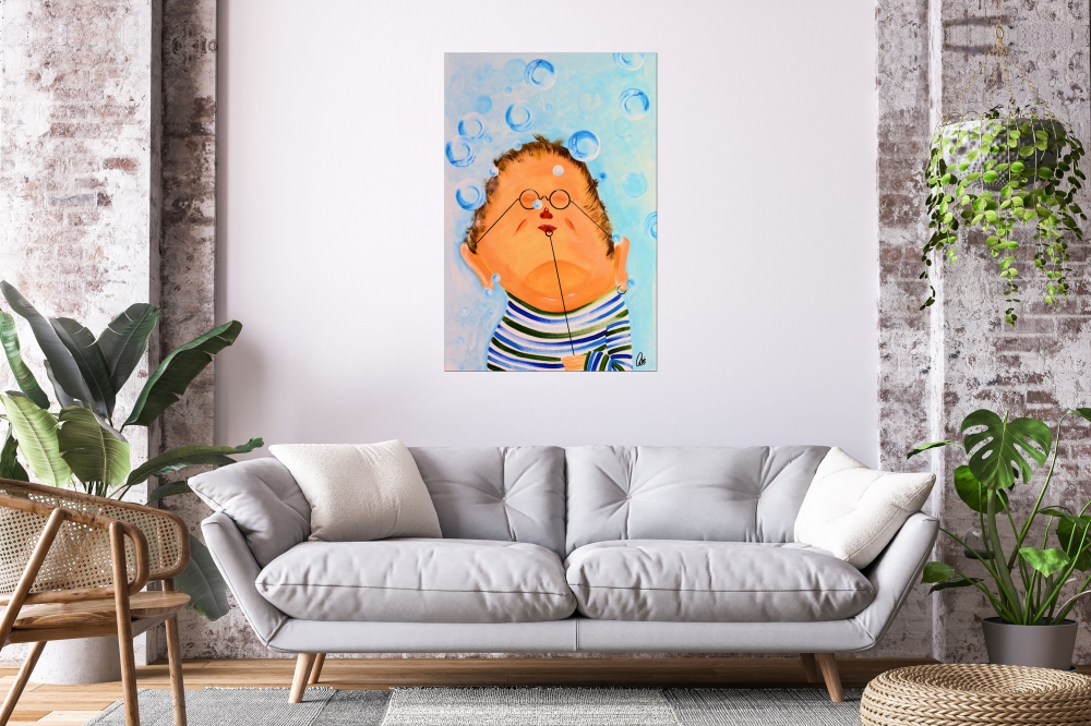 Mr Bubbles - Abstract Acrylic Painting Whimsical Art Oversized Painting Blue Art Ready to Hang