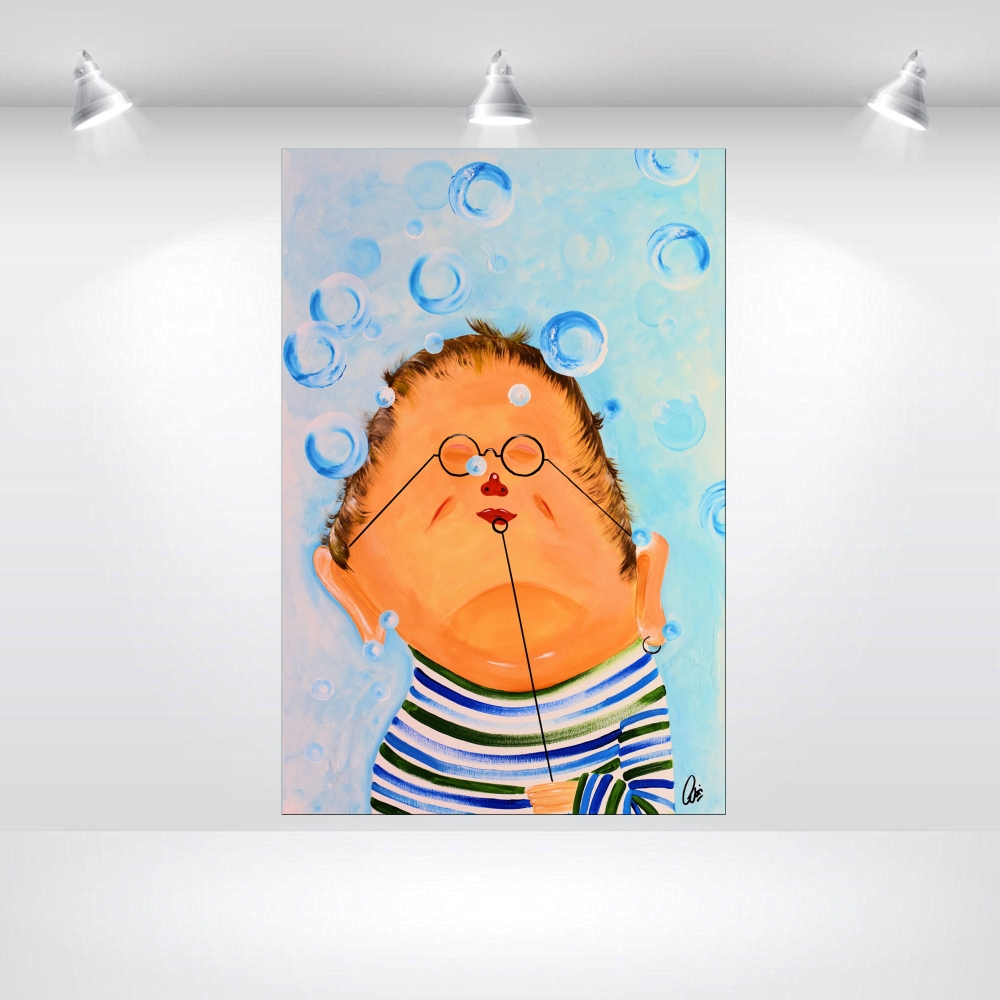 Mr Bubbles - Abstract Acrylic Painting Whimsical Art Oversized Painting Blue Art Ready to Hang