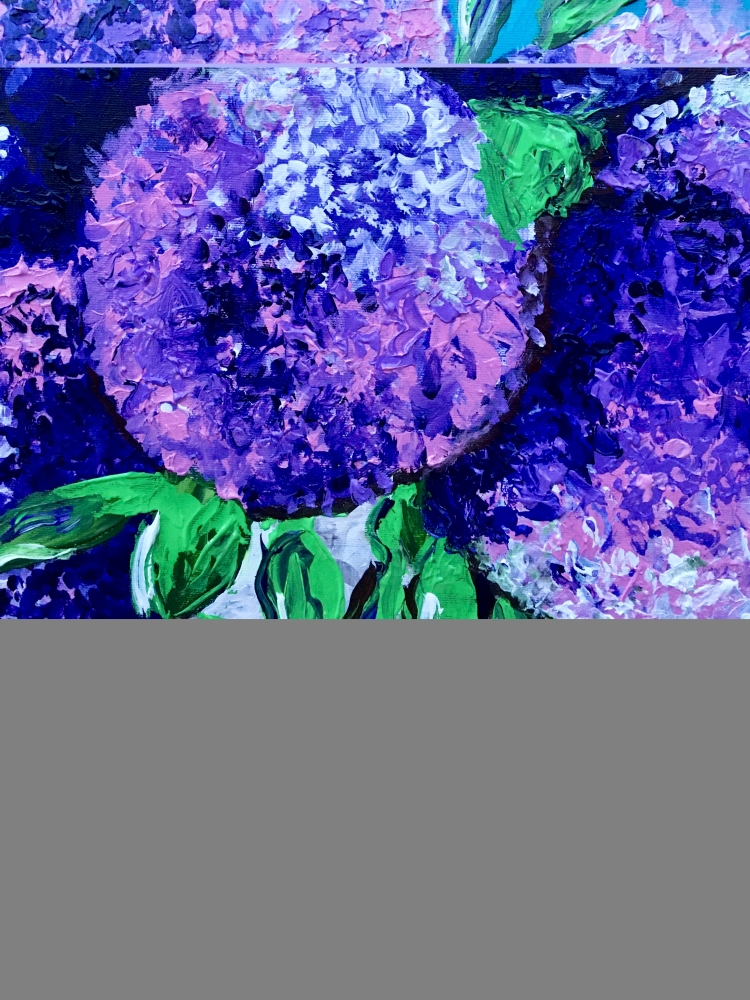 BOUQUET OF PURPLE HYDRANGEA ON TURQUOISE IN A WHITE VASE PALETTE KNIFE ORIGINAL ACRYLIC PAINTING 