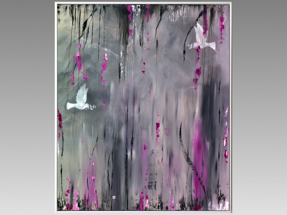  Doves of Peace - Abstract acrylic painting, framed artwork