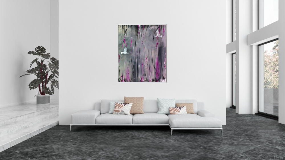  Doves of Peace - Abstract acrylic painting, framed artwork