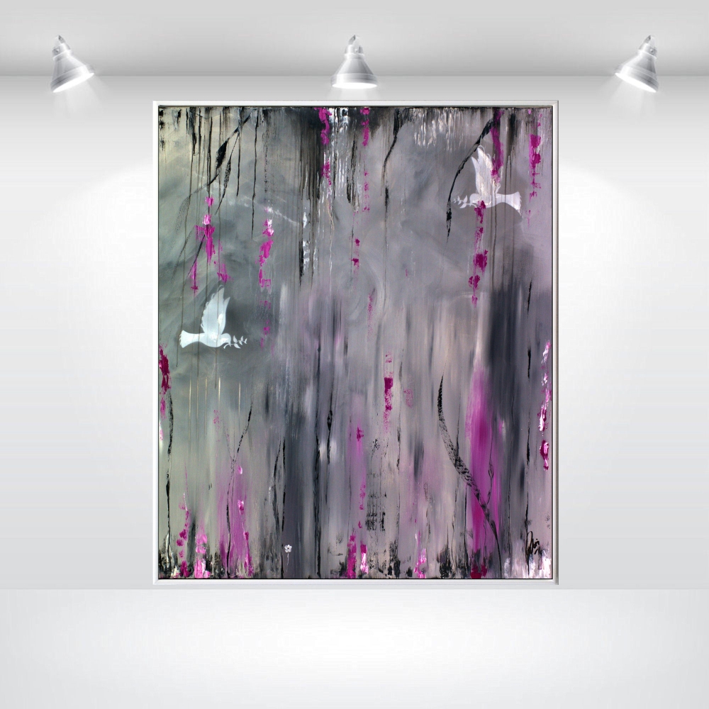  Doves of Peace - Abstract acrylic painting, framed artwork