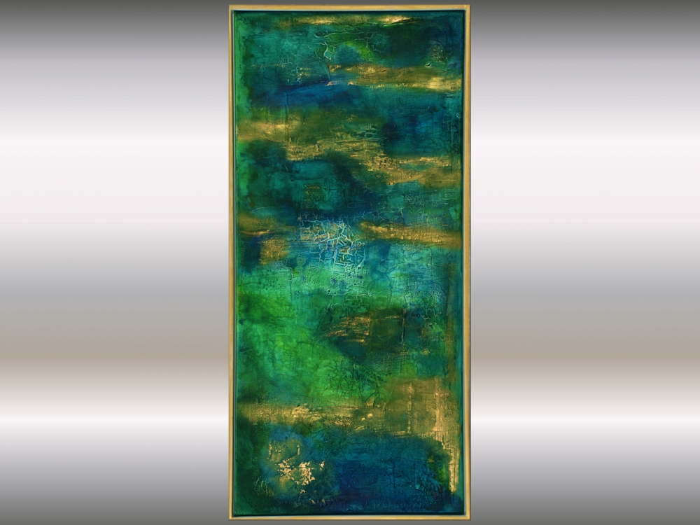 Golden Fields - Blue abstract artwork in frame