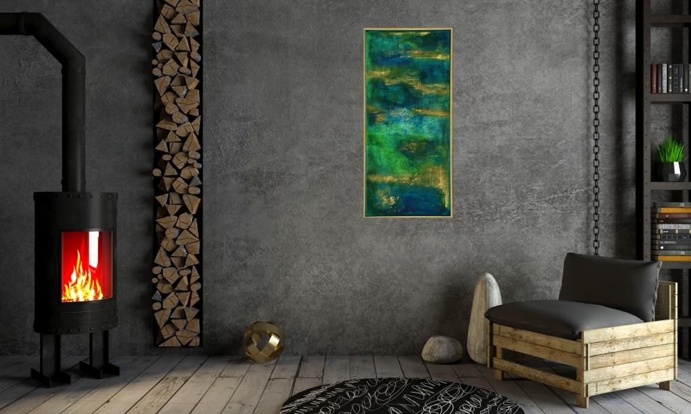 Golden Fields - Blue abstract artwork in frame