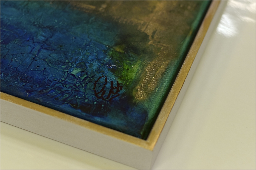 Golden Fields - Blue abstract artwork in frame