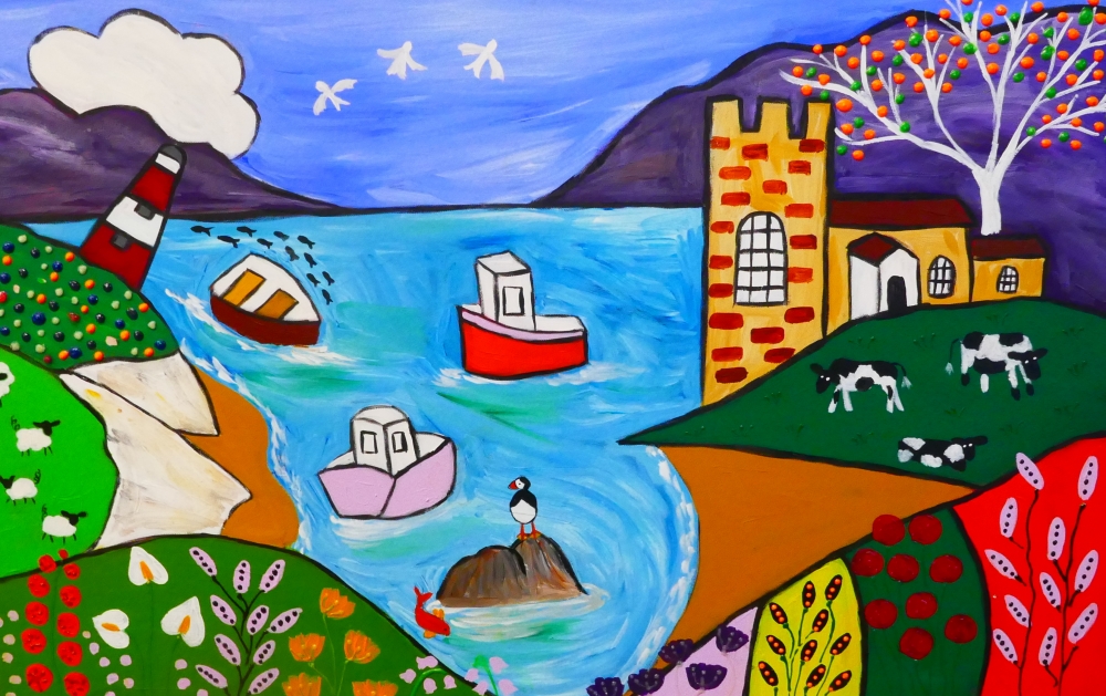 Colourful Naive Seascape of a Church by the Sea