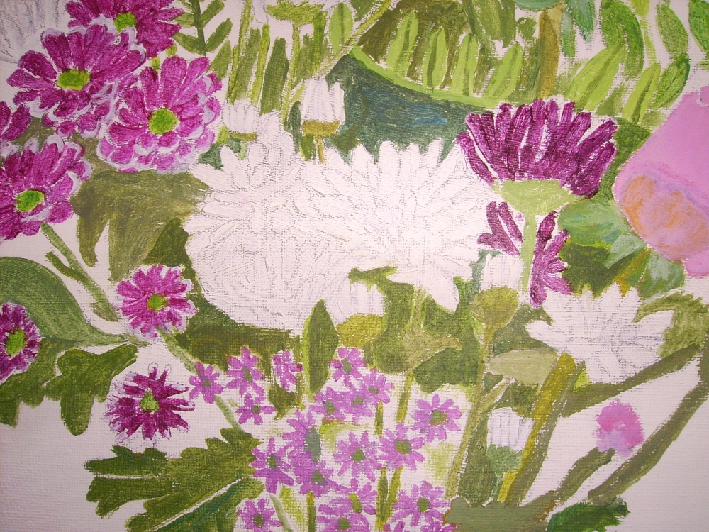 flowers in a striped pottery vase