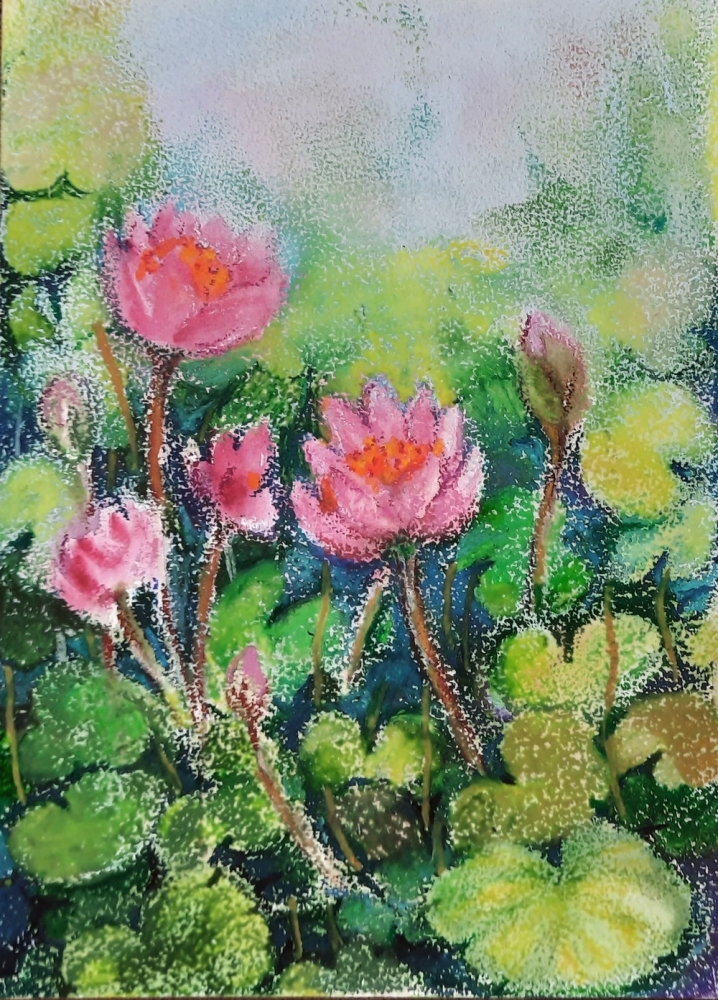 Lotus pond- mixed media painting