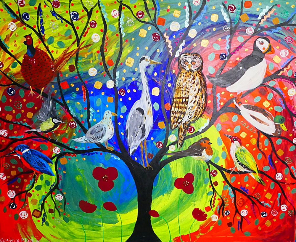 Colourful Bird Tree in a Rainbow Sky