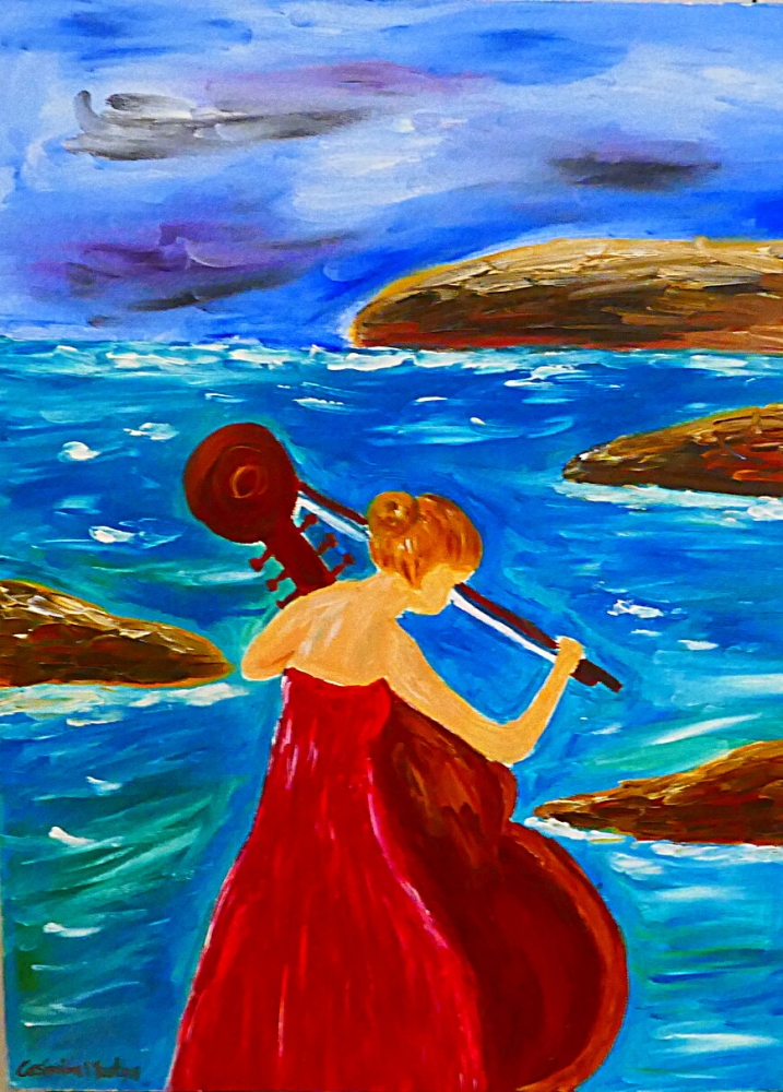 Playing her Cello in Her Red Dress by the Sea